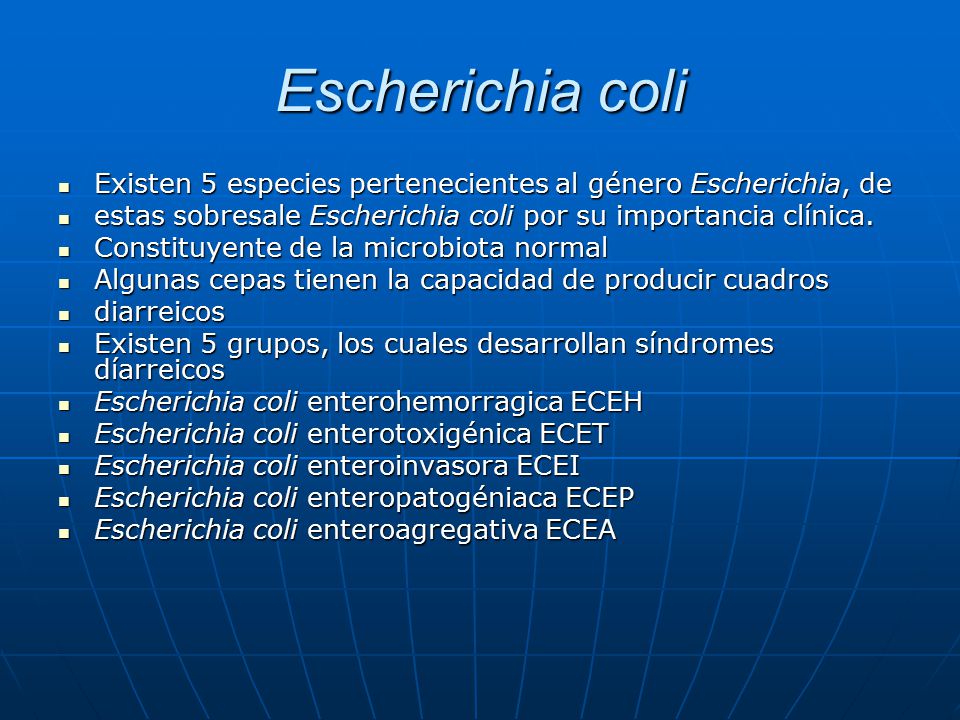 Escherichia coli Existen 5 especies pertenecientes al género Escherichia, de. estas sobresale Escherichia coli por su importancia clínica.
