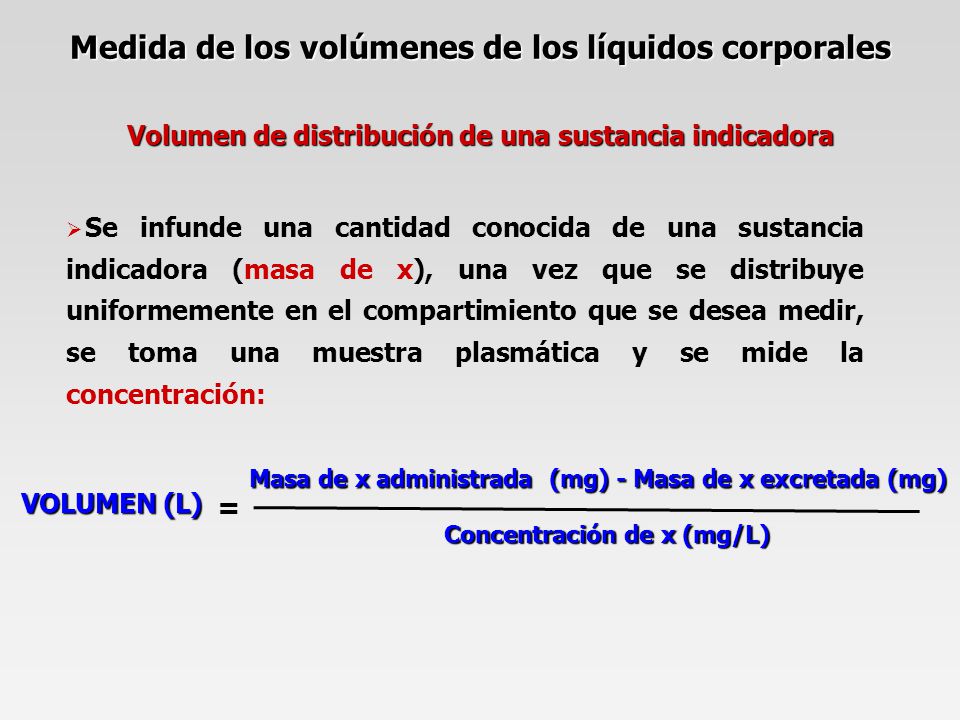 Medida de los volúmenes de los líquidos corporales Volumen de distribución de una sustancia indicadora