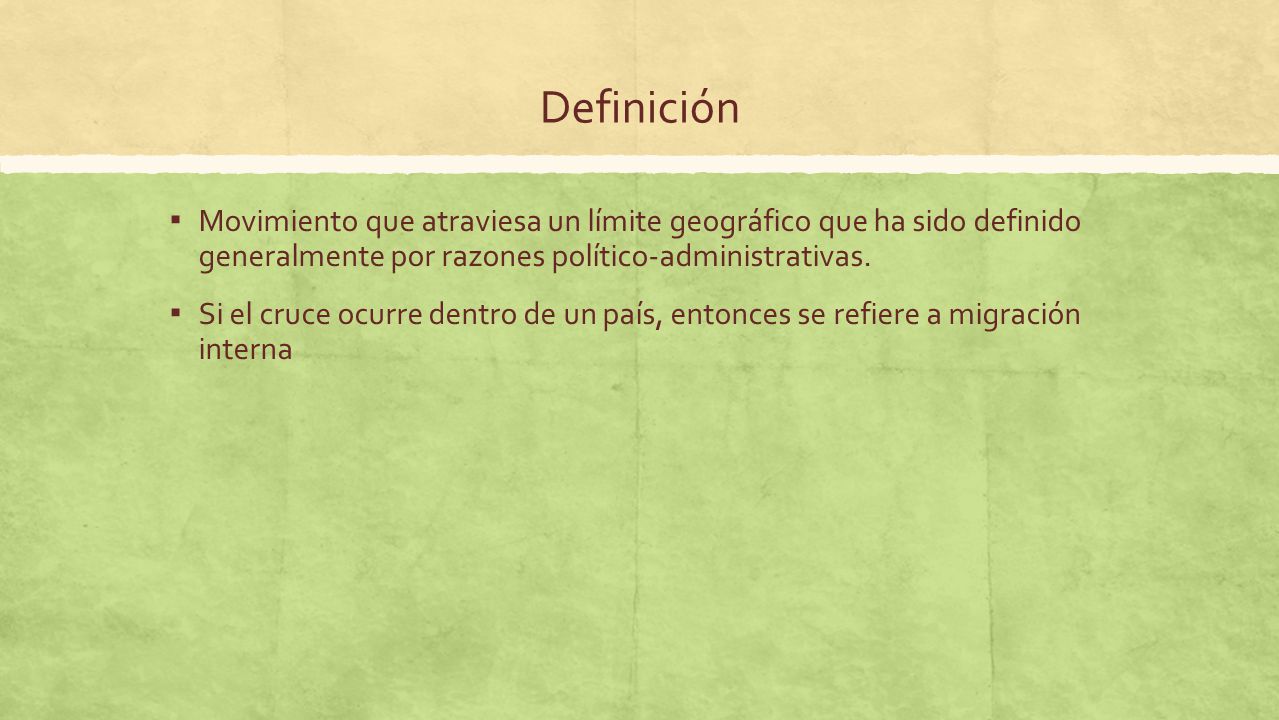 Definición Movimiento que atraviesa un límite geográfico que ha sido definido generalmente por razones político-administrativas.
