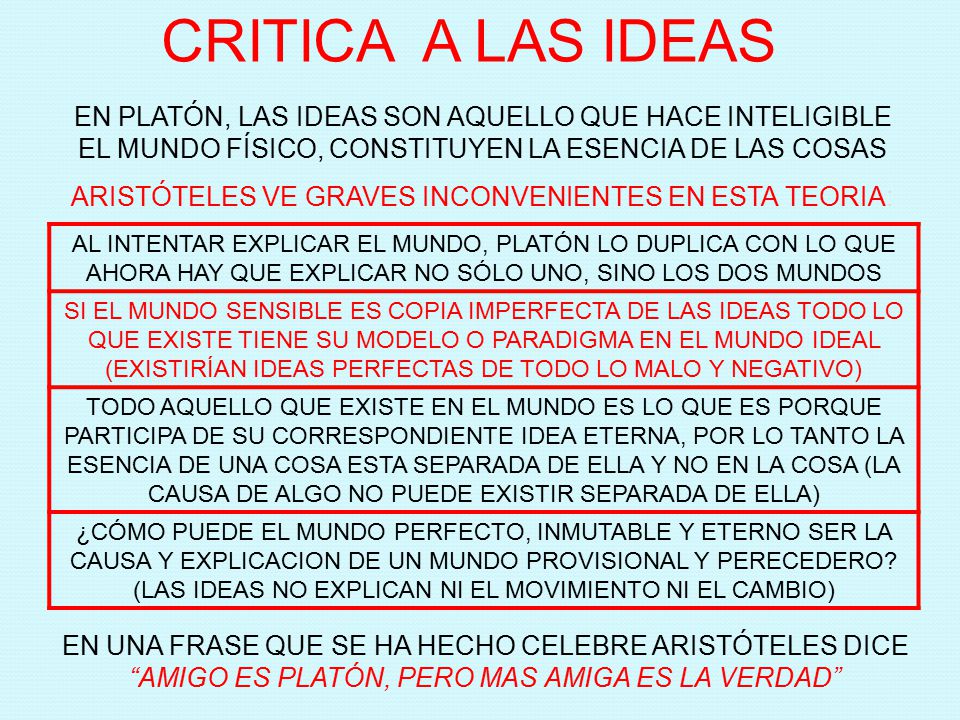 CRITICA A LAS IDEAS EN PLATÓN, LAS IDEAS SON AQUELLO QUE HACE INTELIGIBLE. EL MUNDO FÍSICO, CONSTITUYEN LA ESENCIA DE LAS COSAS.