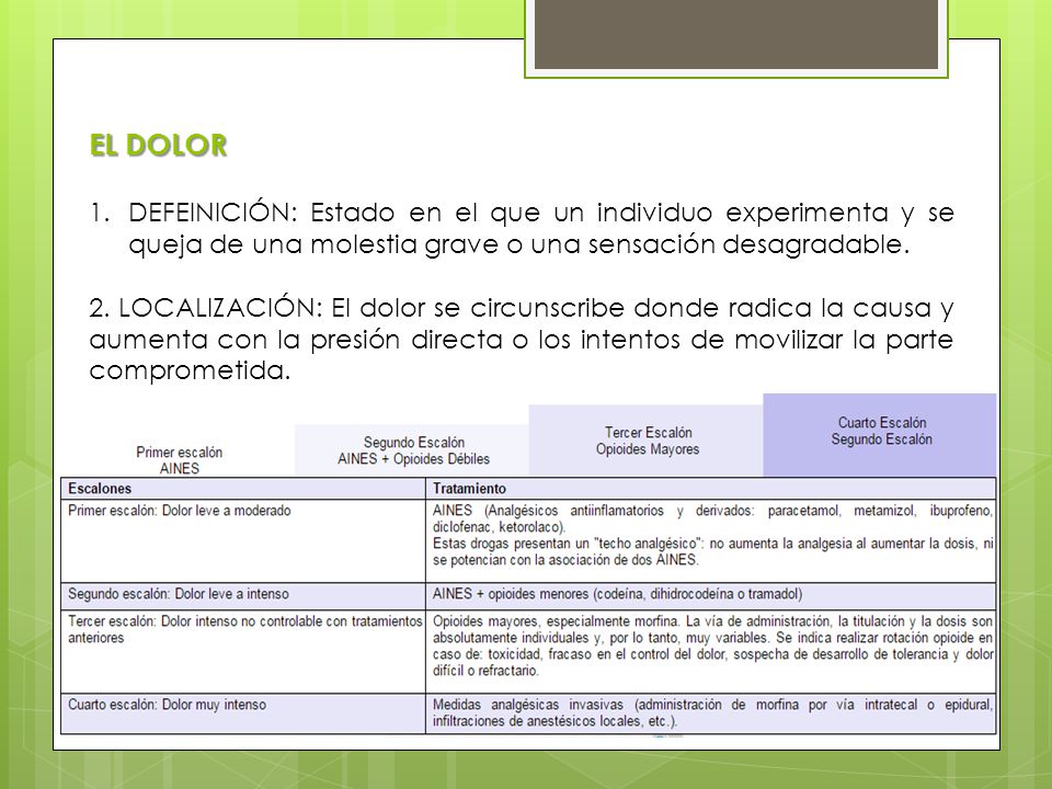EL DOLOR DEFEINICIÓN: Estado en el que un individuo experimenta y se queja de una molestia grave o una sensación desagradable.