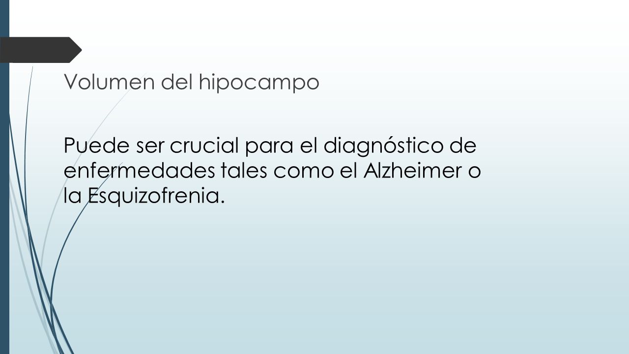 Volumen del hipocampo Puede ser crucial para el diagnóstico de enfermedades tales como el Alzheimer o la Esquizofrenia.