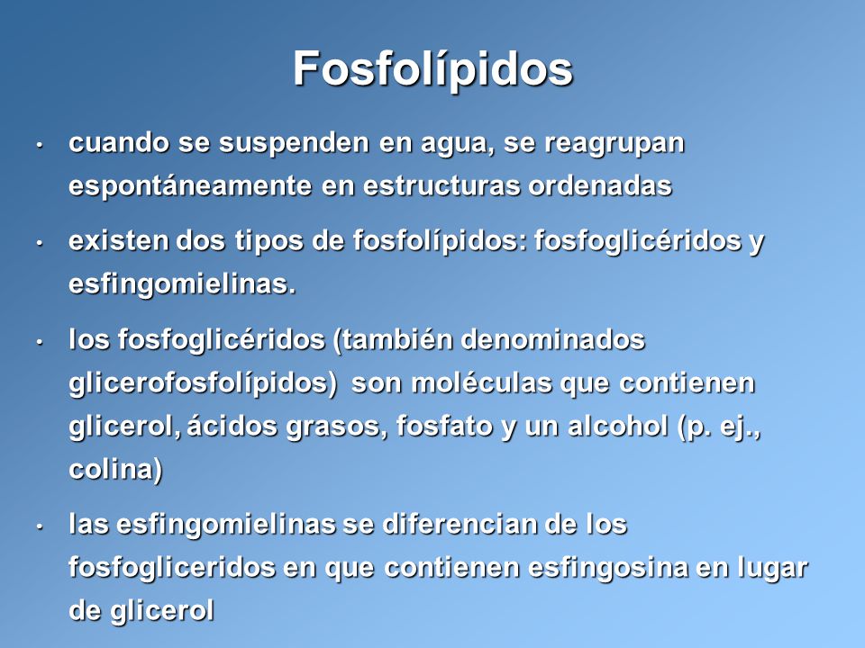 Fosfolípidos cuando se suspenden en agua, se reagrupan espontáneamente en estructuras ordenadas.