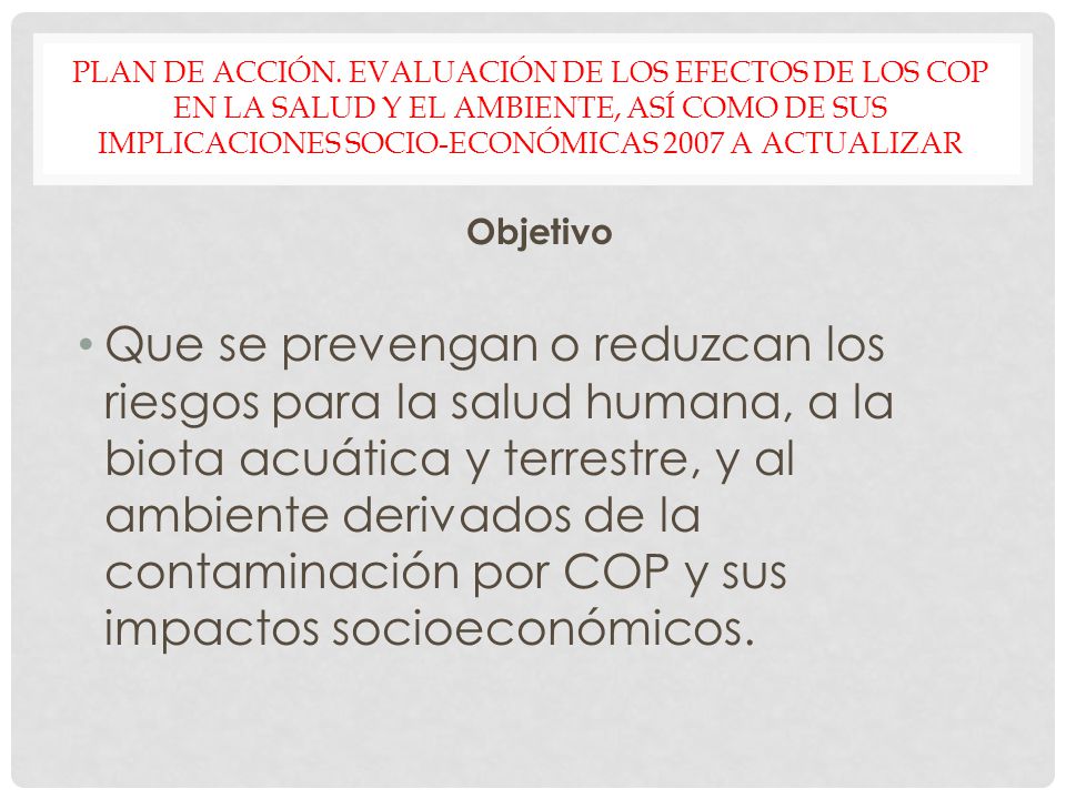 Plan de Acción. Evaluación de los efectos de los COP en la salud y el ambiente, así como de sus implicaciones socio-económicas 2007 A ACTUALIZAR