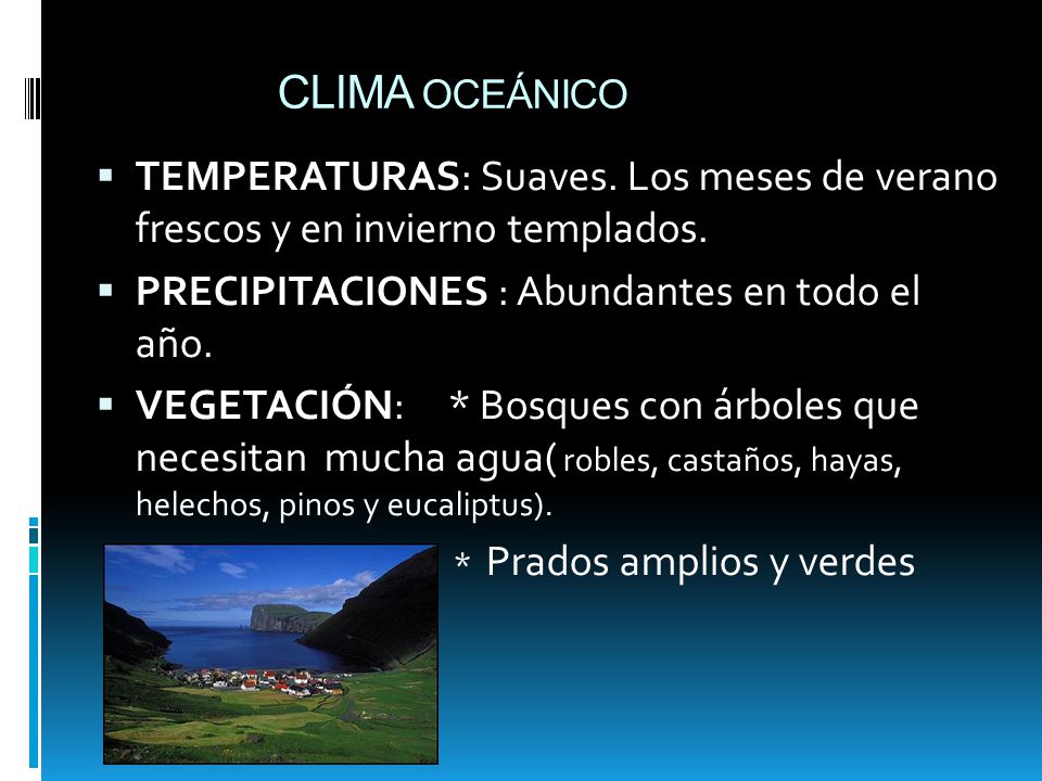 CLIMA OCEÁNICO TEMPERATURAS: Suaves. Los meses de verano frescos y en invierno templados. PRECIPITACIONES : Abundantes en todo el año.