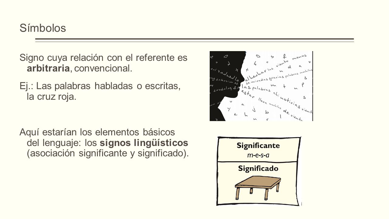 Símbolos Signo cuya relación con el referente es arbitraria, convencional. Ej.: Las palabras habladas o escritas, la cruz roja.