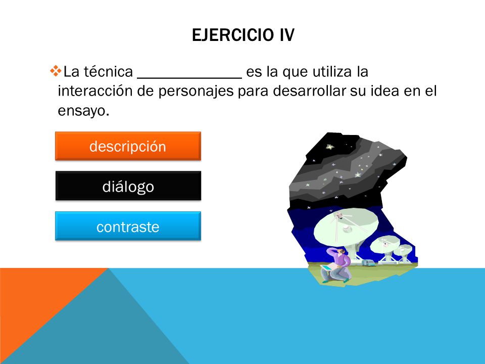 Ejercicio Iv La técnica _____________ es la que utiliza la interacción de personajes para desarrollar su idea en el ensayo.