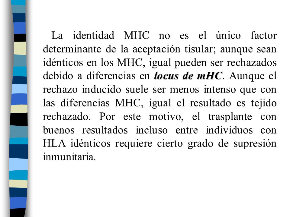 La identidad MHC no es el único factor determinante de la aceptación tisular; aunque sean idénticos en los MHC, igual pueden ser rechazados debido a diferencias en locus de mHC.