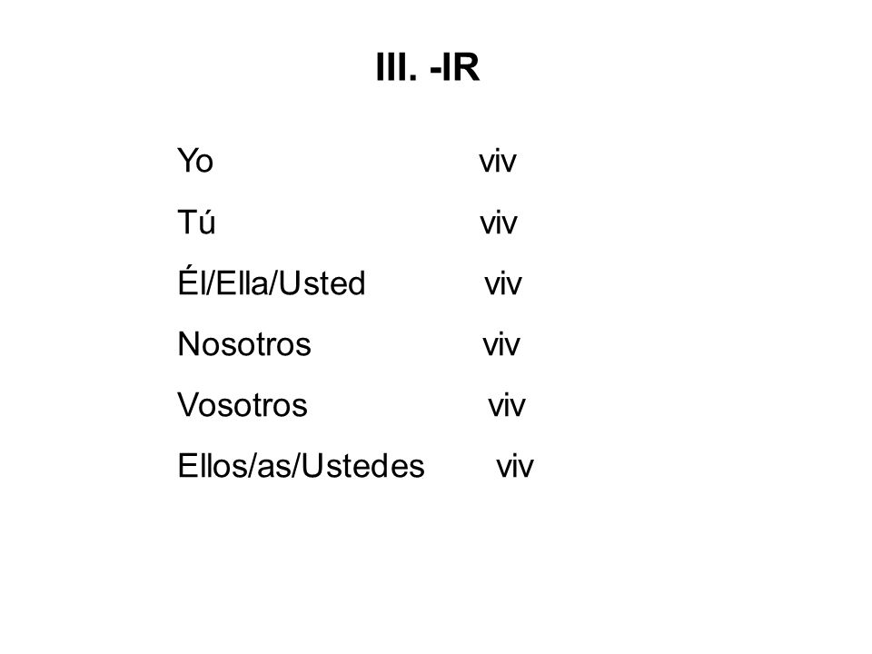 III. -IR Yo viv Tú viv Él/Ella/Usted viv Nosotros viv Vosotros viv
