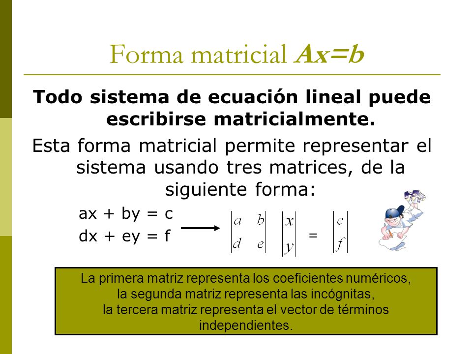 Forma matricial Ax=b Todo sistema de ecuación lineal puede escribirse matricialmente.