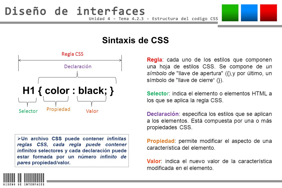 H1 { color : black; } Sintaxis de CSS Regla CSS