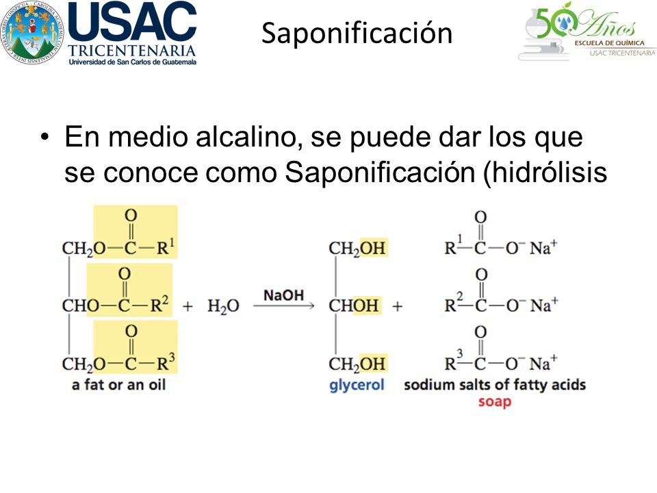 Saponificación En medio alcalino, se puede dar los que se conoce como Saponificación (hidrólisis de un éster catalizado por base)