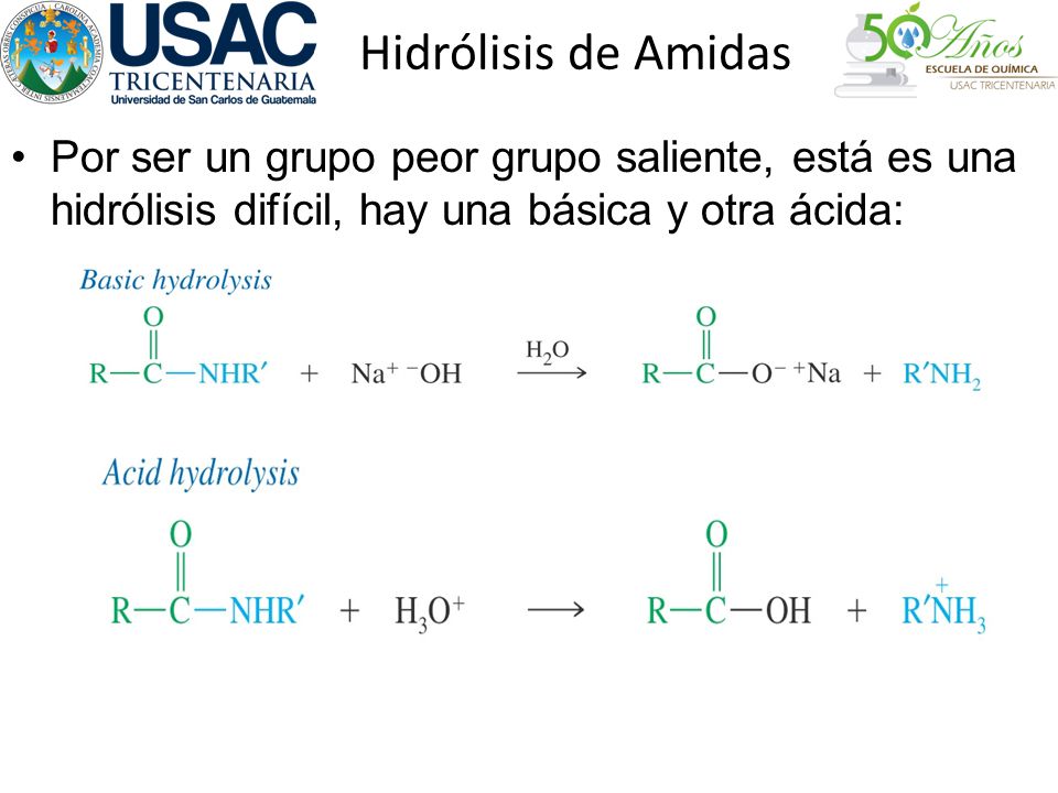 Hidrólisis de Amidas Por ser un grupo peor grupo saliente, está es una hidrólisis difícil, hay una básica y otra ácida: