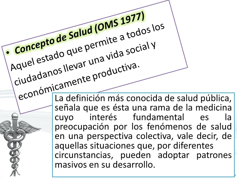 Concepto de Salud (OMS 1977) Aquel estado que permite a todos los