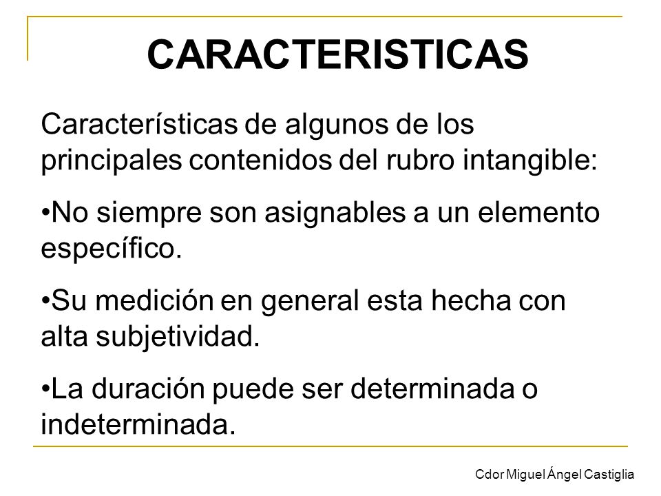 CARACTERISTICAS Características de algunos de los principales contenidos del rubro intangible: No siempre son asignables a un elemento específico.