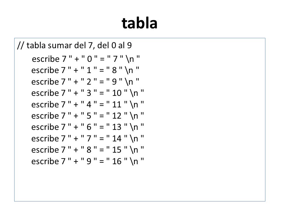 tabla // tabla sumar del 7, del 0 al 9