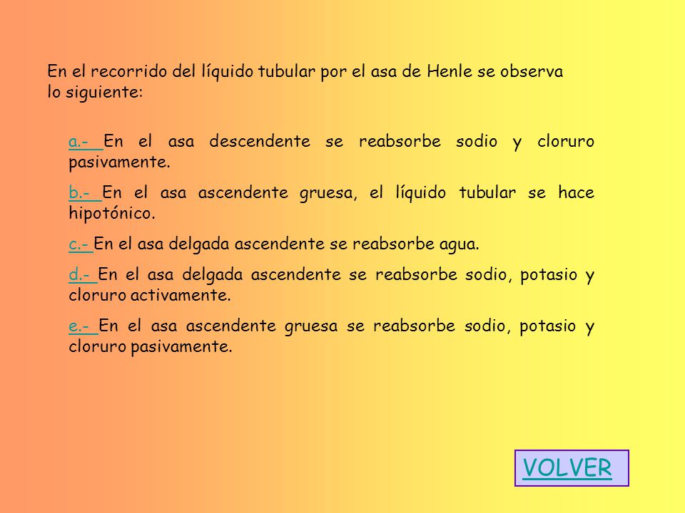 En el recorrido del líquido tubular por el asa de Henle se observa lo siguiente: