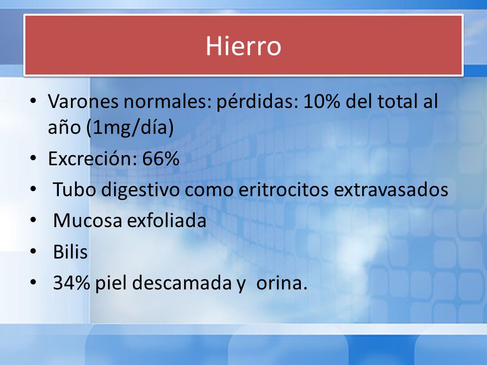 Hierro Varones normales: pérdidas: 10% del total al año (1mg/día)