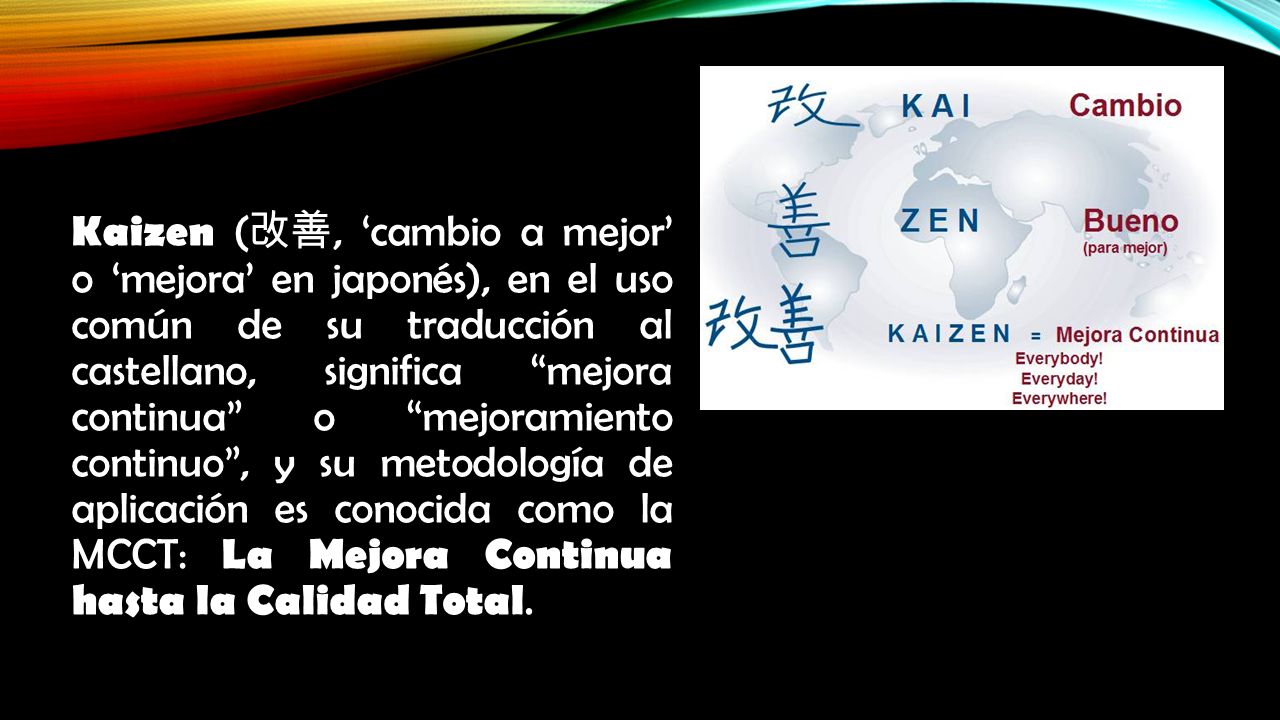 Kaizen (改善, ‘cambio a mejor’ o ‘mejora’ en japonés), en el uso común de su traducción al castellano, significa mejora continua o mejoramiento continuo , y su metodología de aplicación es conocida como la MCCT: La Mejora Continua hasta la Calidad Total.