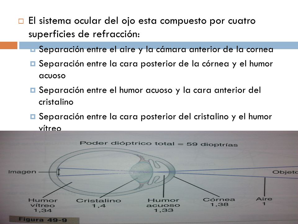 El sistema ocular del ojo esta compuesto por cuatro superficies de refracción: