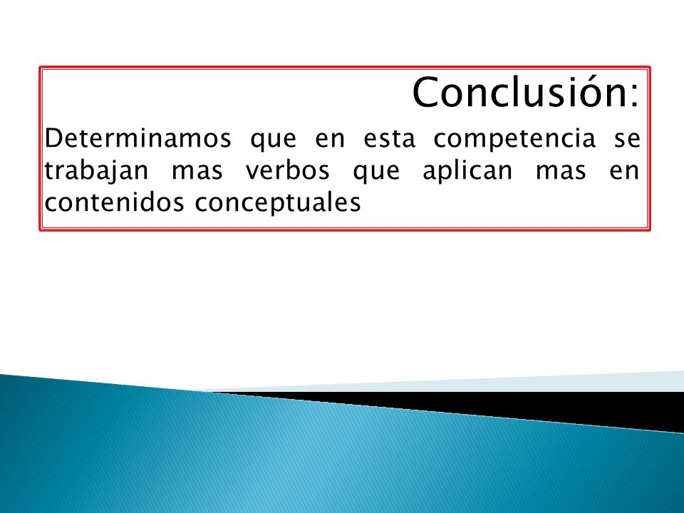 Conclusión: Determinamos que en esta competencia se trabajan mas verbos que aplican mas en contenidos conceptuales.