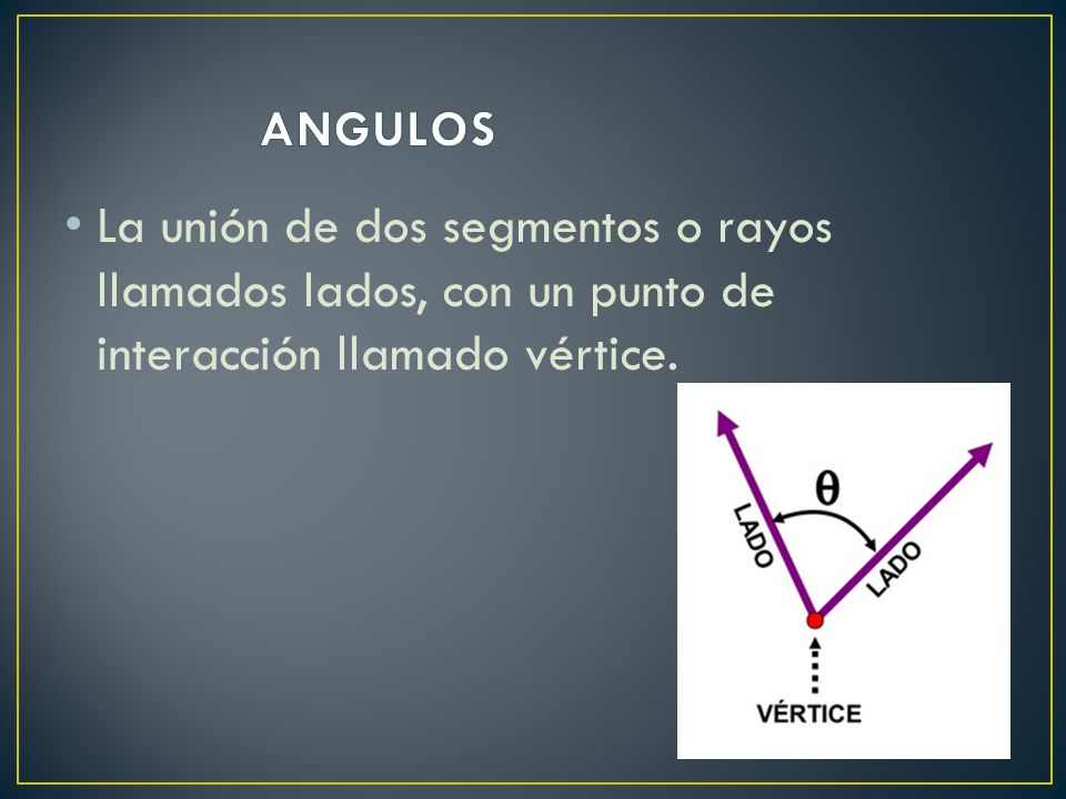 ANGULOS La unión de dos segmentos o rayos llamados lados, con un punto de interacción llamado vértice.