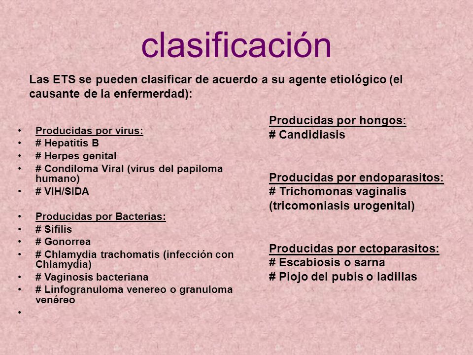 clasificación Las ETS se pueden clasificar de acuerdo a su agente etiológico (el causante de la enfermerdad):
