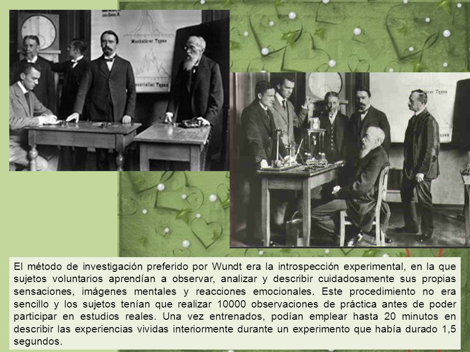 El método de investigación preferido por Wundt era la introspección experimental, en la que sujetos voluntarios aprendían a observar, analizar y describir cuidadosamente sus propias sensaciones, imágenes mentales y reacciones emocionales.