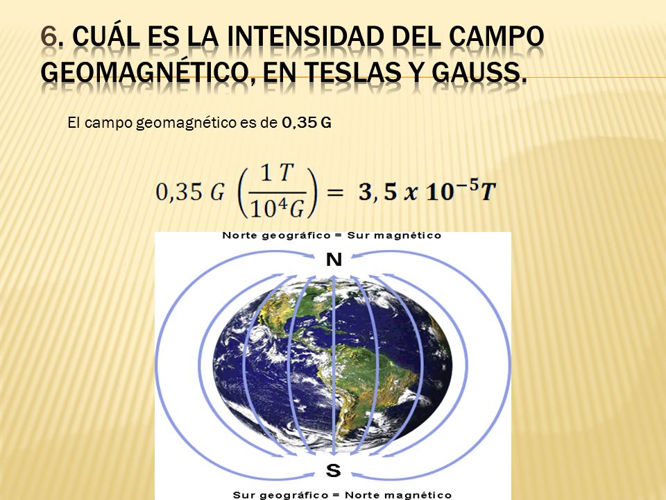 6. Cuál es la intensidad del campo geomagnético, en Teslas y Gauss.
