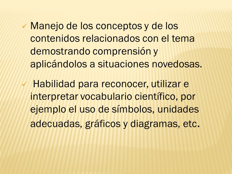 Manejo de los conceptos y de los contenidos relacionados con el tema demostrando comprensión y aplicándolos a situaciones novedosas.
