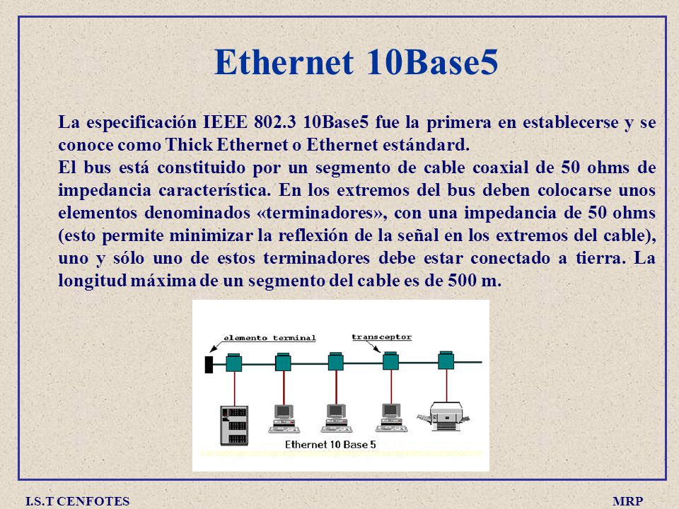 Ethernet 10Base5 La especificación IEEE Base5 fue la primera en establecerse y se conoce como Thick Ethernet o Ethernet estándard.