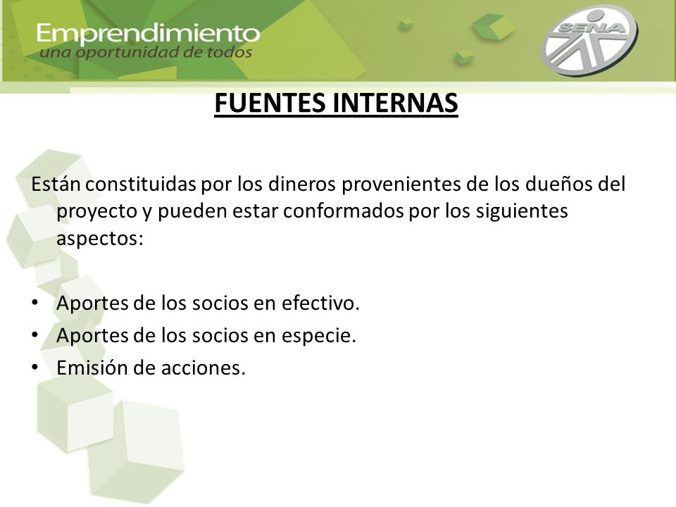 FUENTES INTERNAS Están constituidas por los dineros provenientes de los dueños del proyecto y pueden estar conformados por los siguientes aspectos: