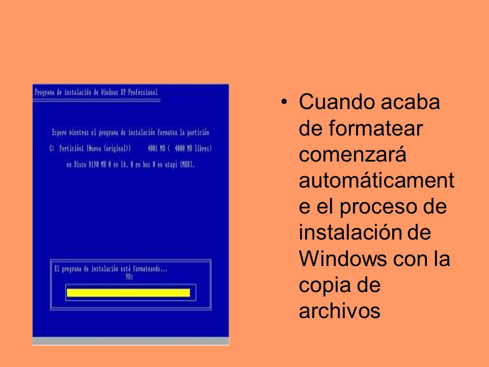 Cuando acaba de formatear comenzará automáticamente el proceso de instalación de Windows con la copia de archivos