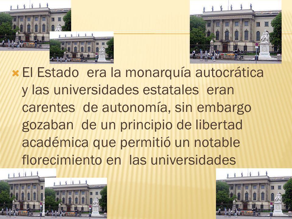 El Estado era la monarquía autocrática y las universidades estatales eran carentes de autonomía, sin embargo gozaban de un principio de libertad académica que permitió un notable florecimiento en las universidades