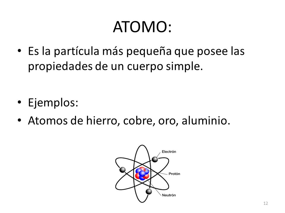 ATOMO: Es la partícula más pequeña que posee las propiedades de un cuerpo simple.