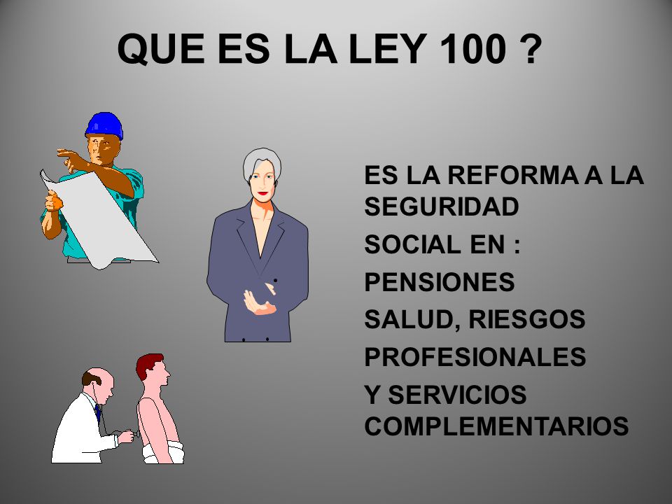 QUE ES LA LEY 100 ES LA REFORMA A LA SEGURIDAD SOCIAL EN : PENSIONES