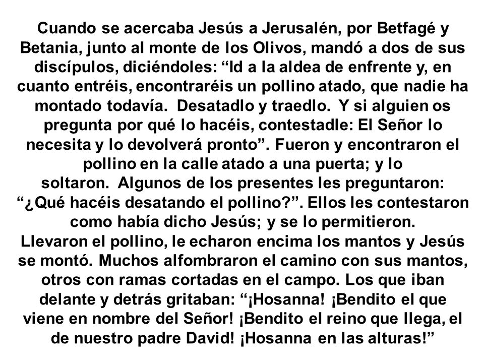 Cuando se acercaba Jesús a Jerusalén, por Betfagé y Betania, junto al monte de los Olivos, mandó a dos de sus discípulos, diciéndoles: Id a la aldea de enfrente y, en cuanto entréis, encontraréis un pollino atado, que nadie ha montado todavía. Desatadlo y traedlo. Y si alguien os pregunta por qué lo hacéis, contestadle: El Señor lo necesita y lo devolverá pronto . Fueron y encontraron el pollino en la calle atado a una puerta; y lo soltaron. Algunos de los presentes les preguntaron: ¿Qué hacéis desatando el pollino . Ellos les contestaron como había dicho Jesús; y se lo permitieron.