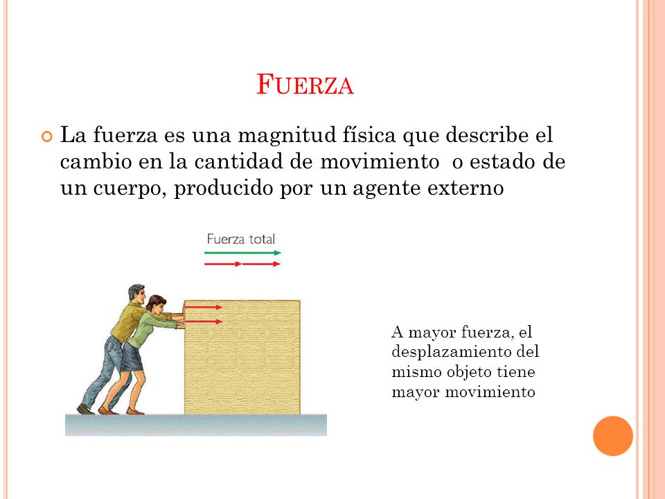 Fuerza La fuerza es una magnitud física que describe el cambio en la cantidad de movimiento o estado de un cuerpo, producido por un agente externo.