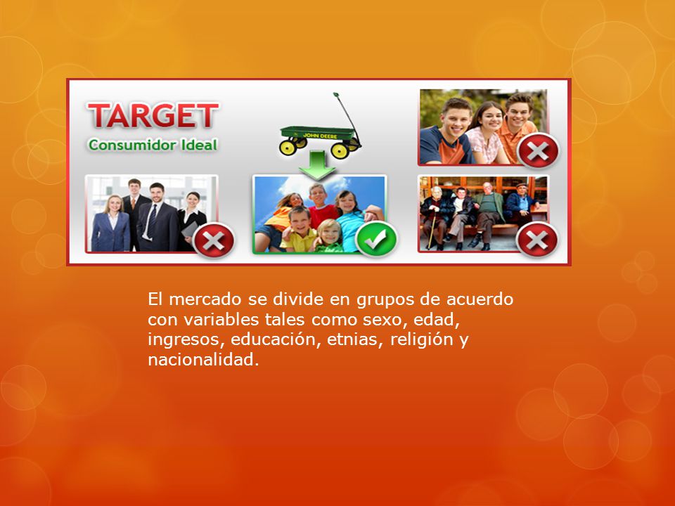 El mercado se divide en grupos de acuerdo con variables tales como sexo, edad, ingresos, educación, etnias, religión y nacionalidad.