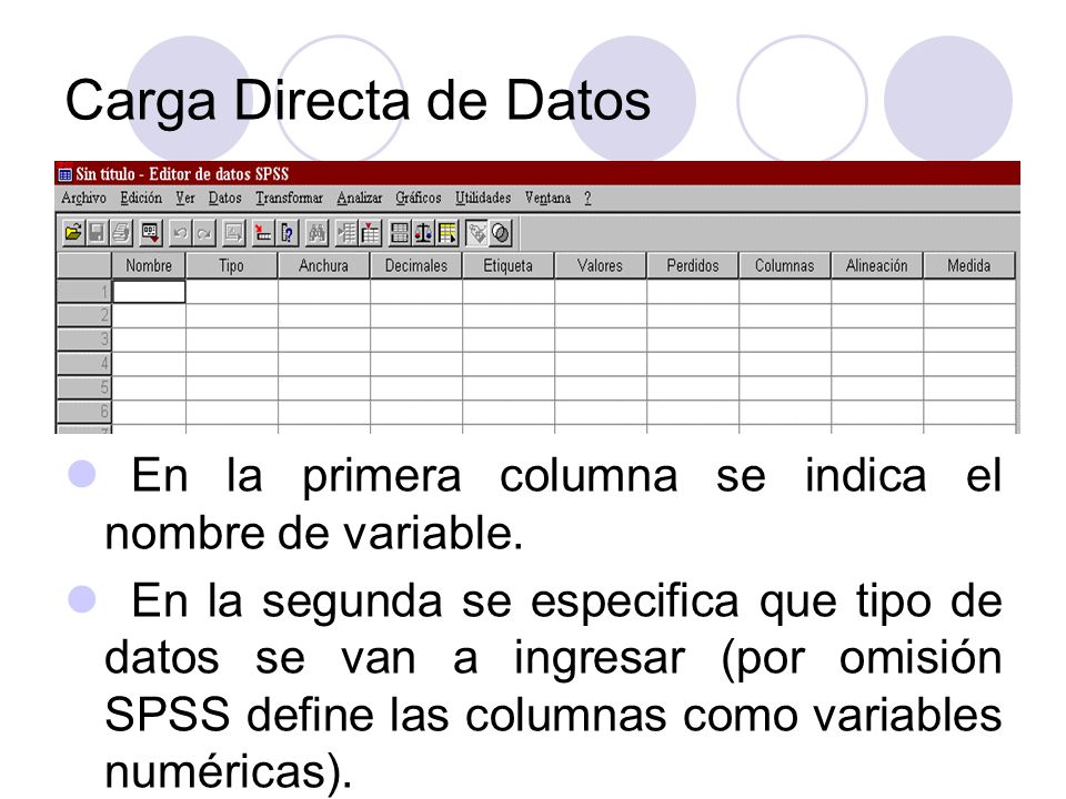 Carga Directa de Datos En la primera columna se indica el nombre de variable.