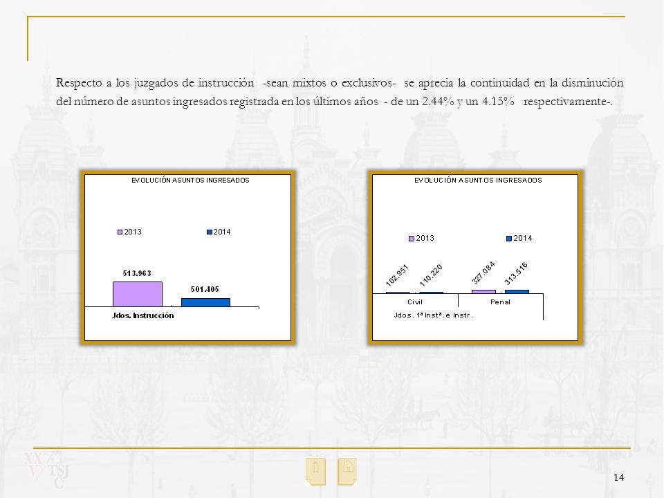 Respecto a los juzgados de instrucción -sean mixtos o exclusivos- se aprecia la continuidad en la disminución del número de asuntos ingresados registrada en los últimos años - de un 2.44% y un 4.15% respectivamente-.