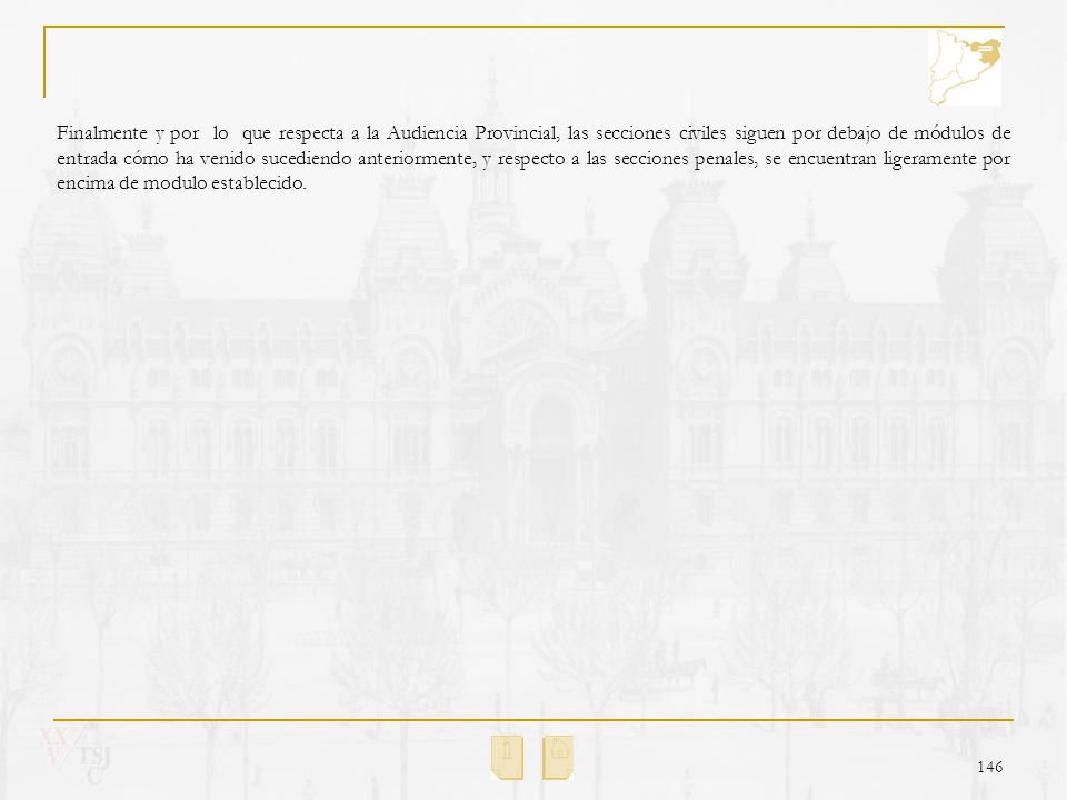 Finalmente y por lo que respecta a la Audiencia Provincial, las secciones civiles siguen por debajo de módulos de entrada cómo ha venido sucediendo anteriormente, y respecto a las secciones penales, se encuentran ligeramente por encima de modulo establecido.
