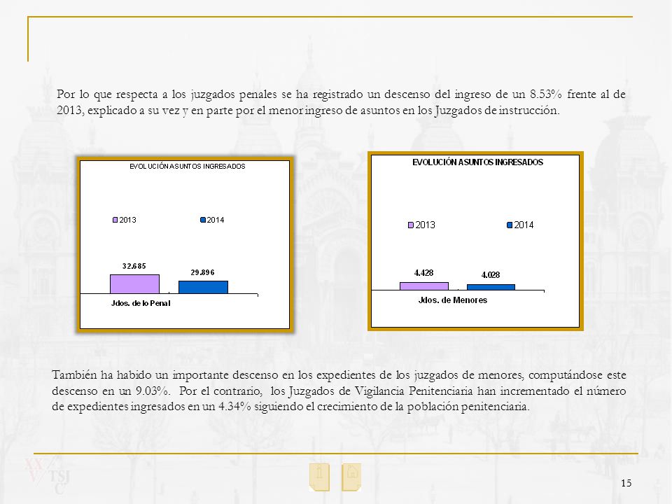 Por lo que respecta a los juzgados penales se ha registrado un descenso del ingreso de un 8.53% frente al de 2013, explicado a su vez y en parte por el menor ingreso de asuntos en los Juzgados de instrucción.
