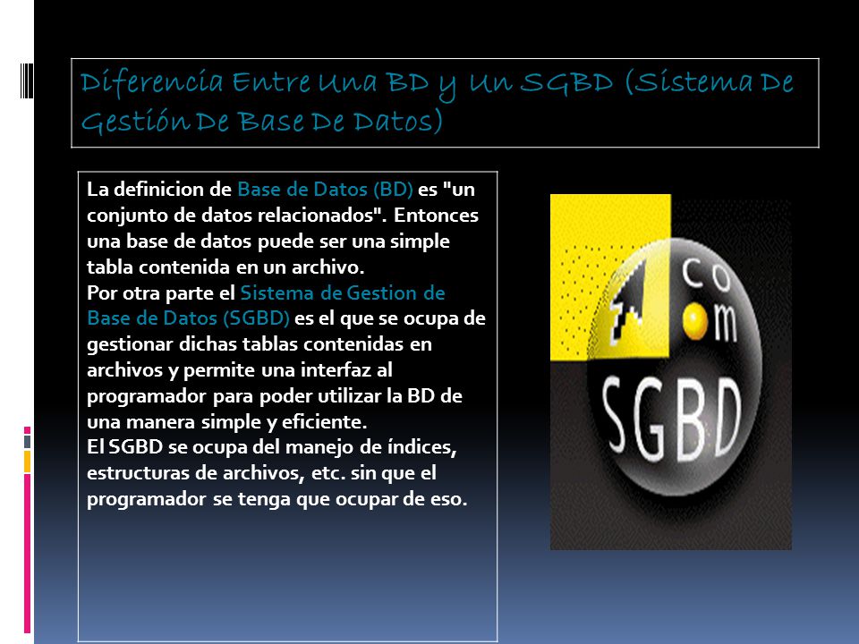Diferencia Entre Una BD y Un SGBD (Sistema De Gestión De Base De Datos)