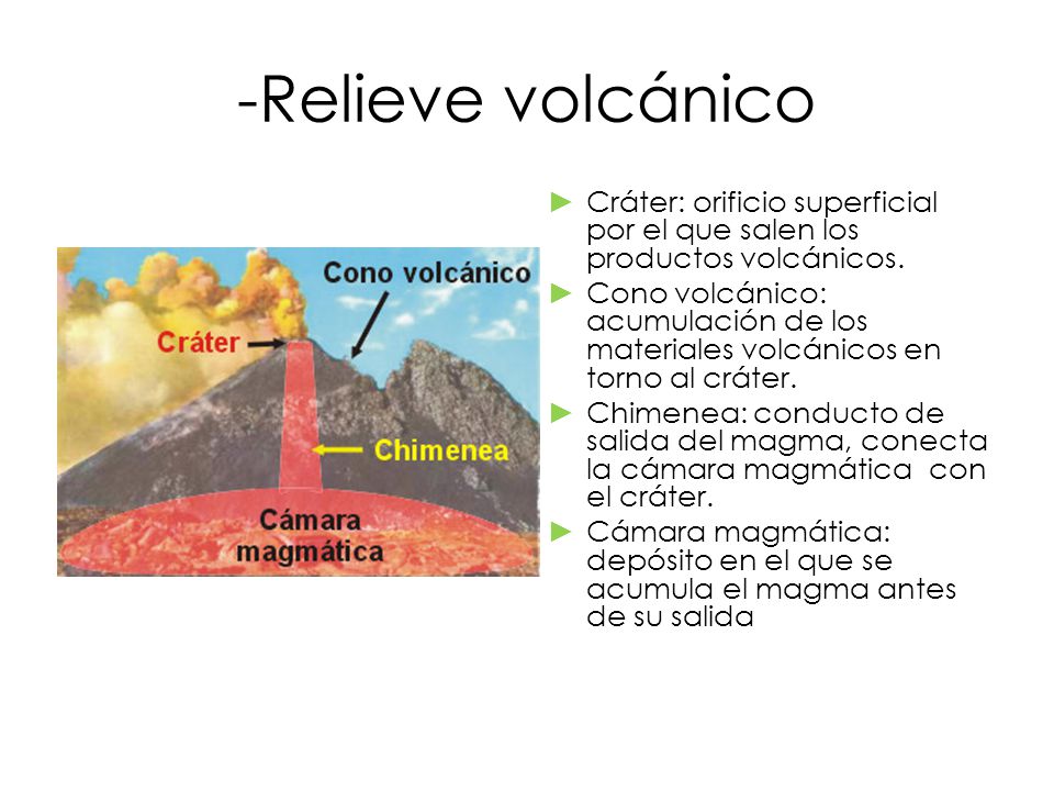 -Relieve volcánico Cráter: orificio superficial por el que salen los productos volcánicos.