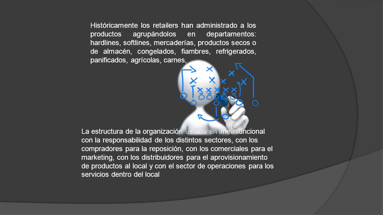 Históricamente los retailers han administrado a los productos agrupándolos en departamentos: hardlines, softlines, mercaderías, productos secos o de almacén, congelados, fiambres, refrigerados, panificados, agrícolas, carnes,