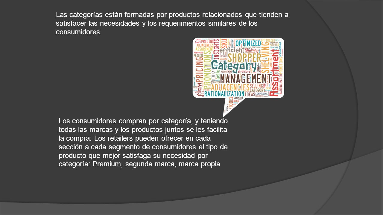Las categorías están formadas por productos relacionados que tienden a satisfacer las necesidades y los requerimientos similares de los consumidores