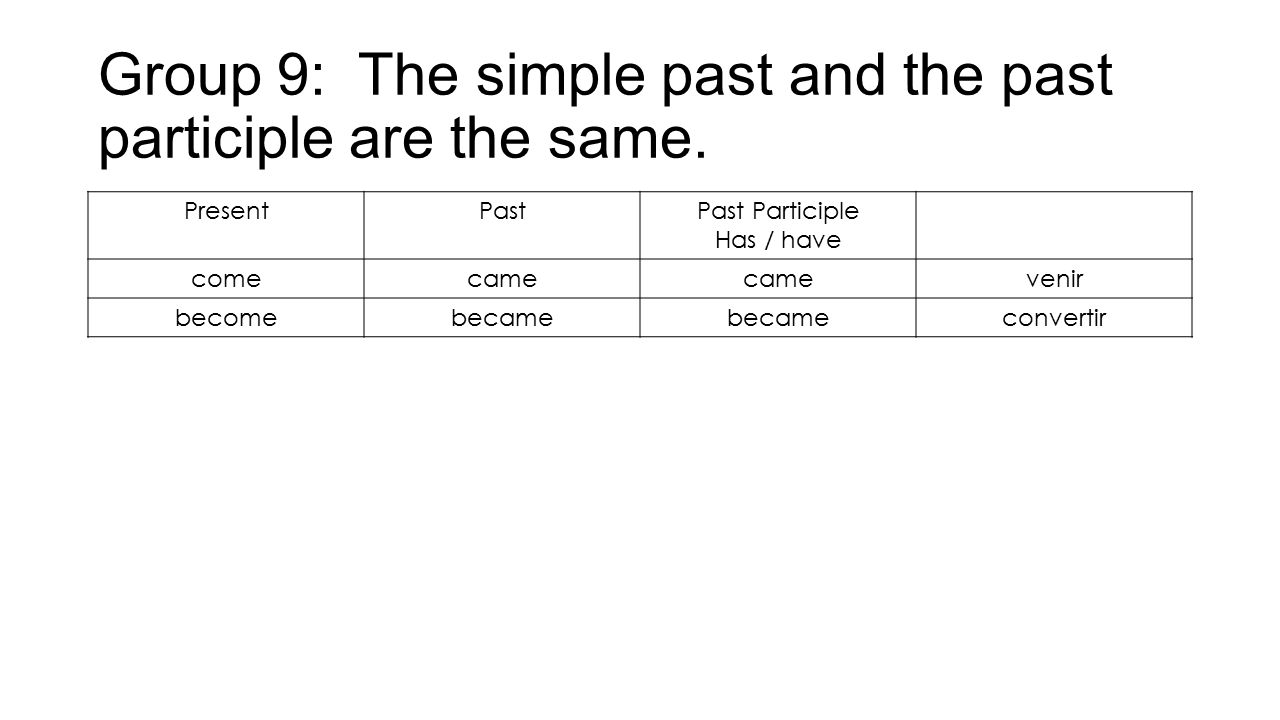 Group 9: The simple past and the past participle are the same.