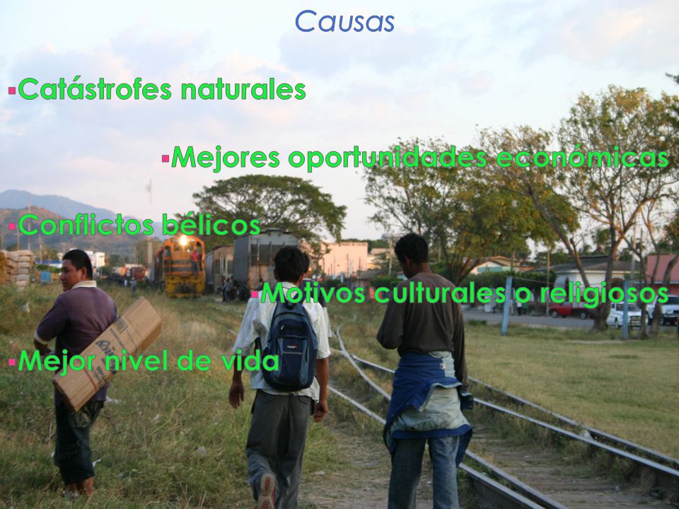 Causas Catástrofes naturales. Mejores oportunidades económicas. Conflictos bélicos. Motivos culturales o religiosos.