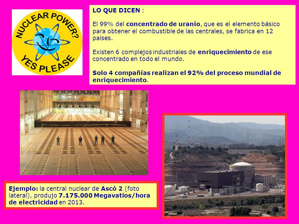 LO QUE DICEN : El 99% del concentrado de uranio, que es el elemento básico para obtener el combustible de las centrales, se fabrica en 12 países. Existen 6 complejos industriales de enriquecimiento de ese concentrado en todo el mundo. Solo 4 compañías realizan el 92% del proceso mundial de enriquecimiento.